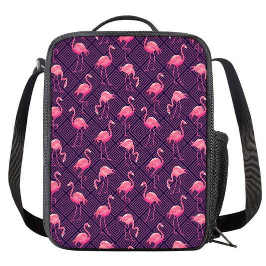 Purple Geometric Flamingo Pattern Print Crossbody Lunch Bag