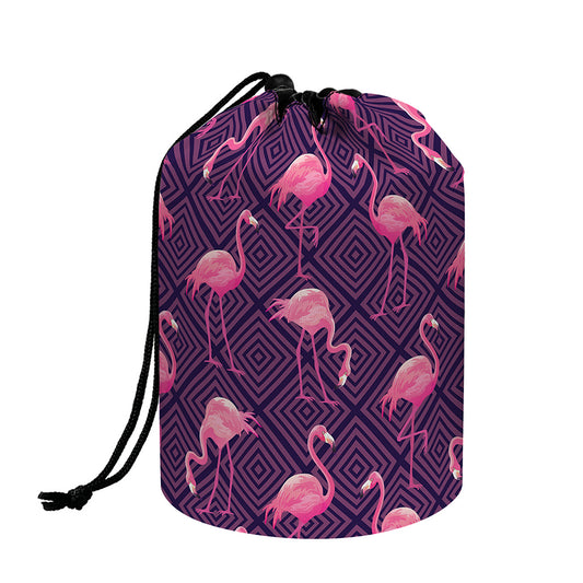 Purple Geometric Flamingo Pattern Print Drawstring Makeup Bag