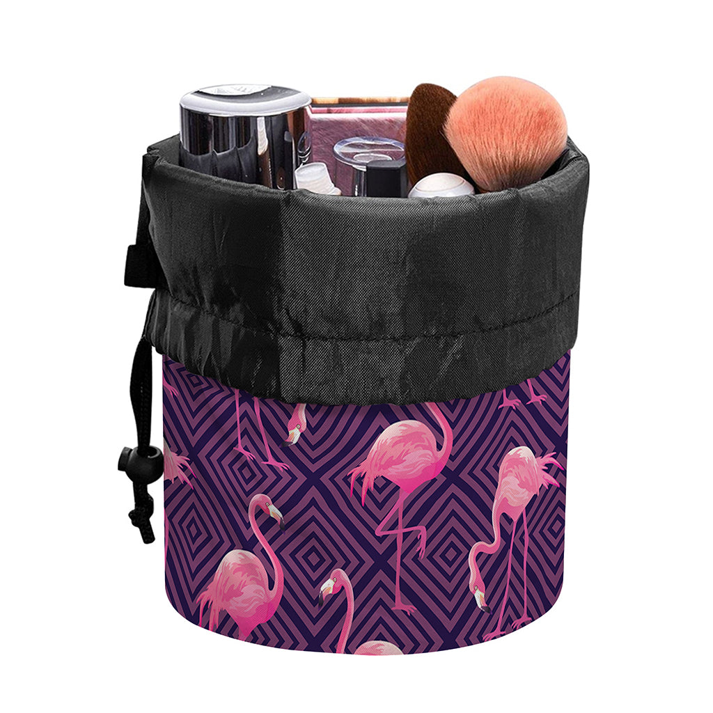 Purple Geometric Flamingo Pattern Print Drawstring Makeup Bag