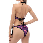 Purple Geometric Flamingo Pattern Print Halter Scoop Tie Side Bikini