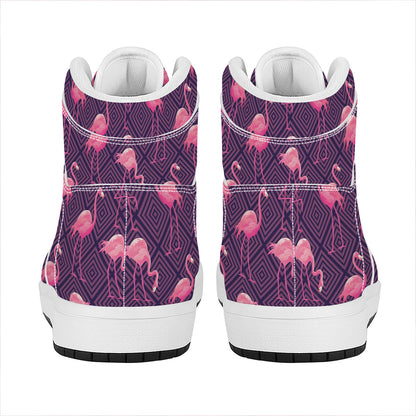 Purple Geometric Flamingo Pattern Print High Top Leather Sneakers