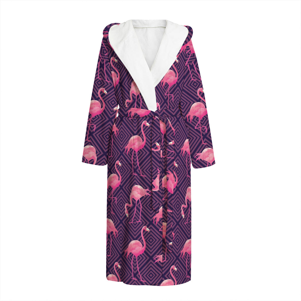 Purple Geometric Flamingo Pattern Print Hooded Bathrobe