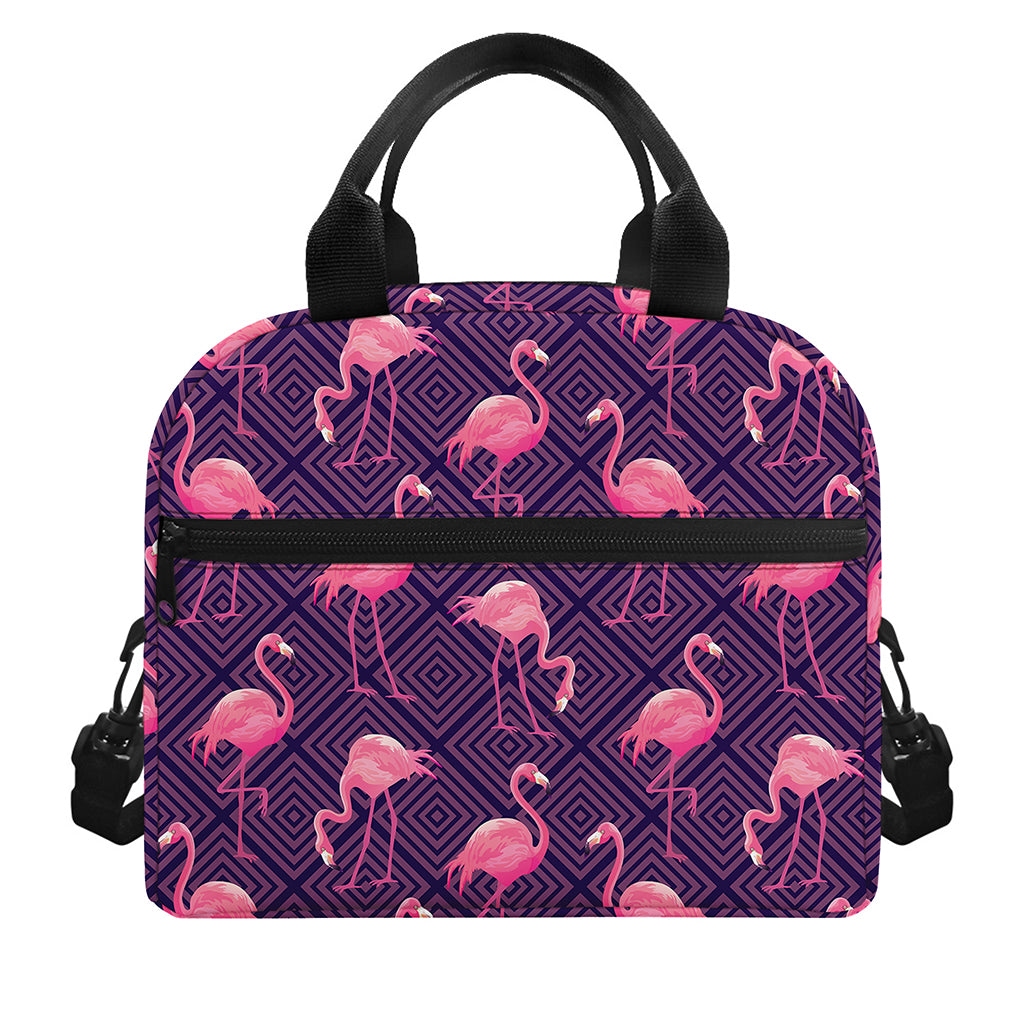 Purple Geometric Flamingo Pattern Print Insulated Lunch Bag