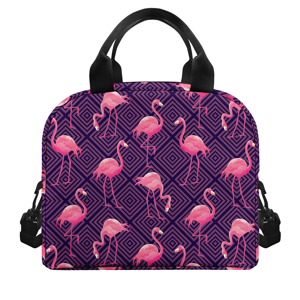 Purple Geometric Flamingo Pattern Print Insulated Lunch Bag