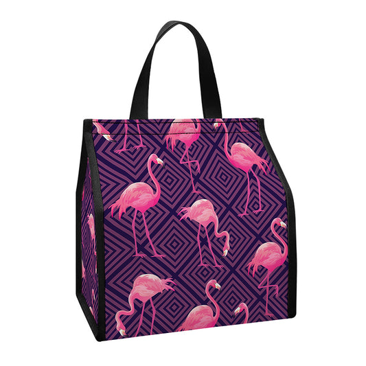 Purple Geometric Flamingo Pattern Print Insulated Lunch Tote