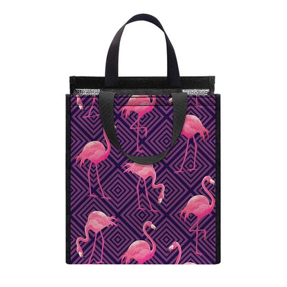 Purple Geometric Flamingo Pattern Print Insulated Lunch Tote