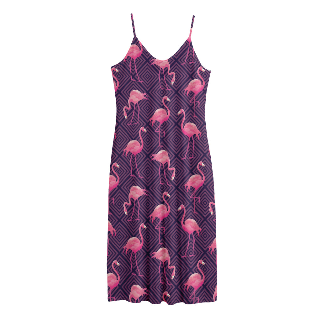 Purple Geometric Flamingo Pattern Print Jersey Midi Cami Dress