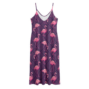 Purple Geometric Flamingo Pattern Print Jersey Midi Cami Dress