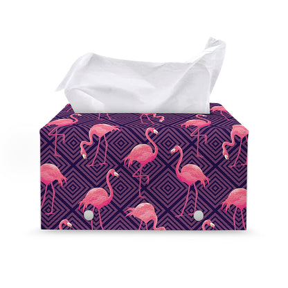 Purple Geometric Flamingo Pattern Print Leather Tissue Box Cover