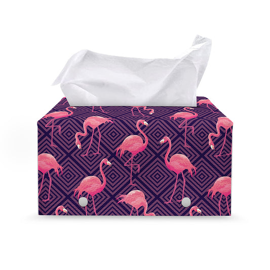 Purple Geometric Flamingo Pattern Print Leather Tissue Box Cover