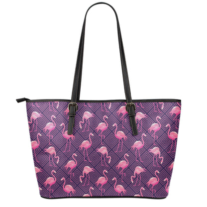 Purple Geometric Flamingo Pattern Print Leather Tote Bag