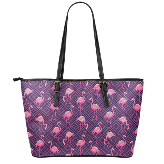 Purple Geometric Flamingo Pattern Print Leather Tote Bag