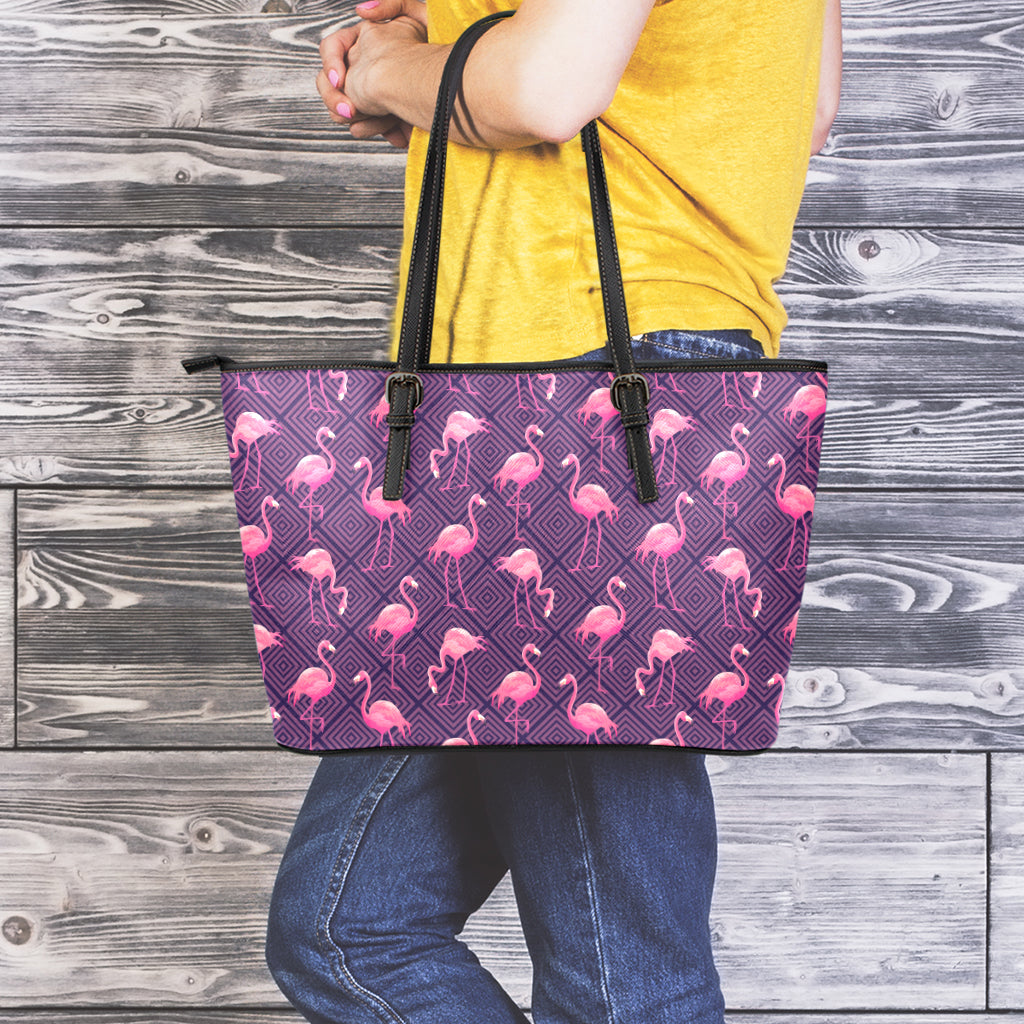 Purple Geometric Flamingo Pattern Print Leather Tote Bag