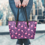 Purple Geometric Flamingo Pattern Print Leather Tote Bag