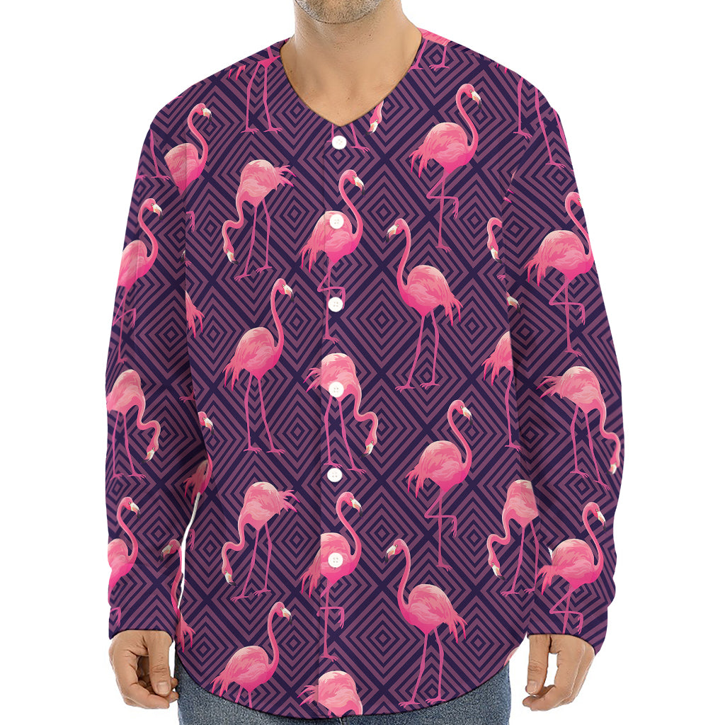 Purple Geometric Flamingo Pattern Print Long Sleeve Baseball Jersey