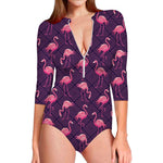 Purple Geometric Flamingo Pattern Print Long Sleeve Swimsuit