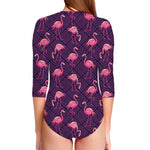 Purple Geometric Flamingo Pattern Print Long Sleeve Swimsuit