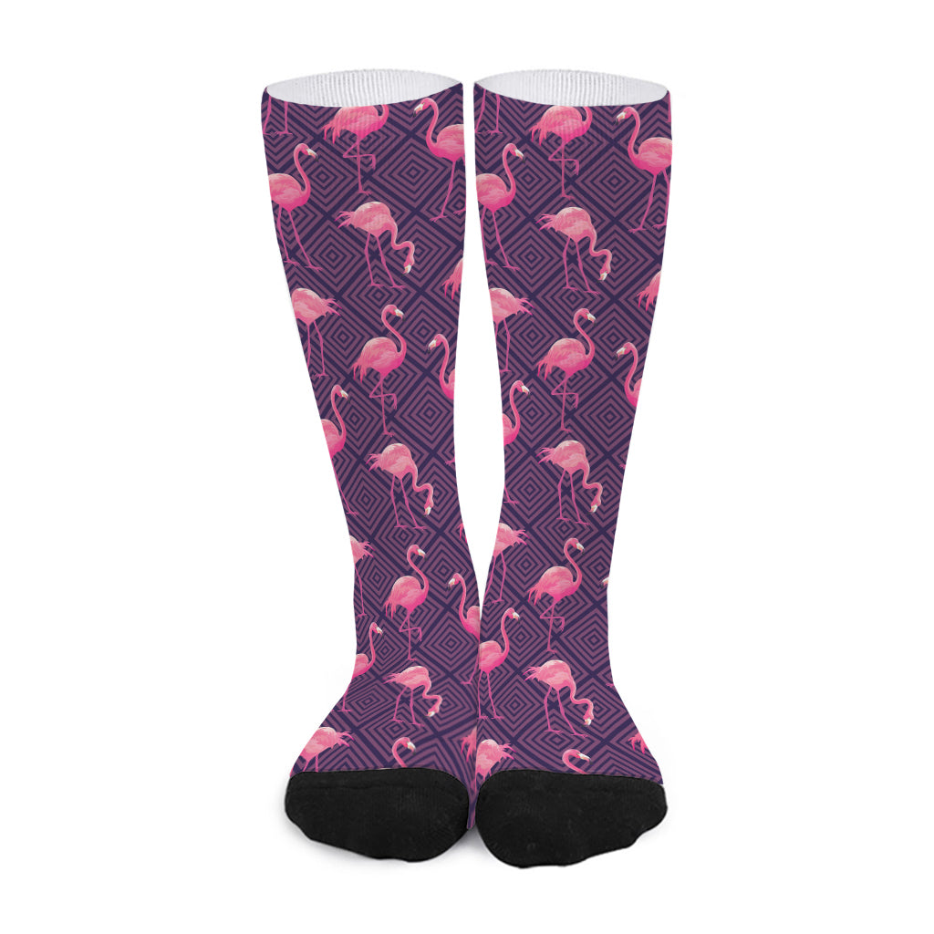 Purple Geometric Flamingo Pattern Print Long Socks