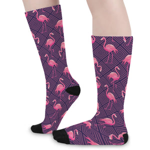 Purple Geometric Flamingo Pattern Print Long Socks