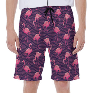 Purple Geometric Flamingo Pattern Print Men's Beach Shorts