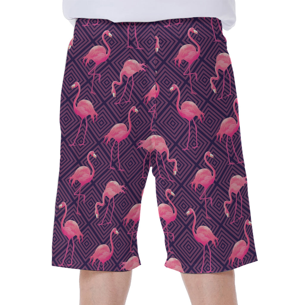 Purple Geometric Flamingo Pattern Print Men's Beach Shorts