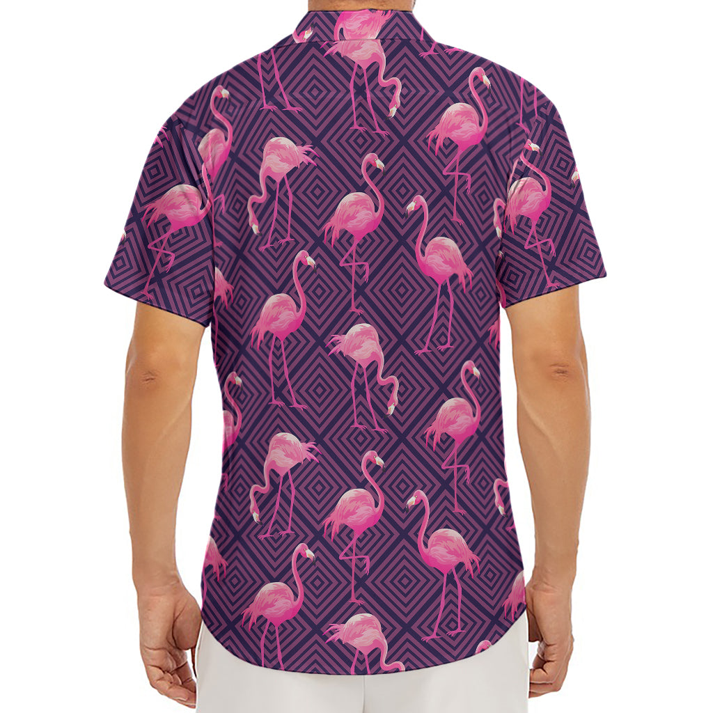 Purple Geometric Flamingo Pattern Print Men's Deep V-Neck Shirt