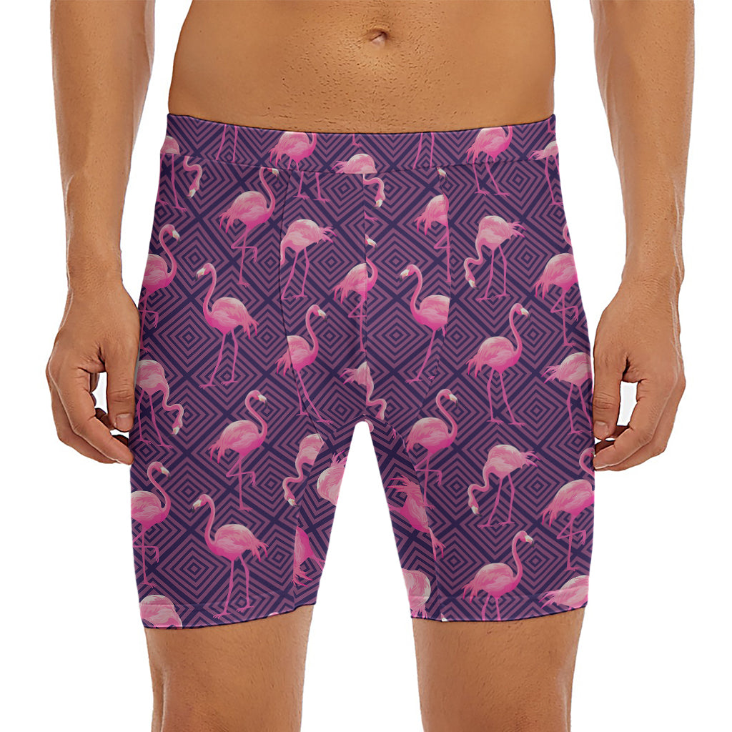 Purple Geometric Flamingo Pattern Print Men's Long Boxer Briefs