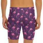 Purple Geometric Flamingo Pattern Print Men's Long Boxer Briefs