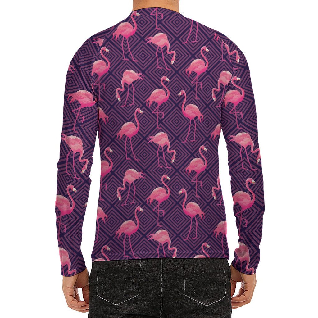 Purple Geometric Flamingo Pattern Print Men's Long Sleeve Rash Guard