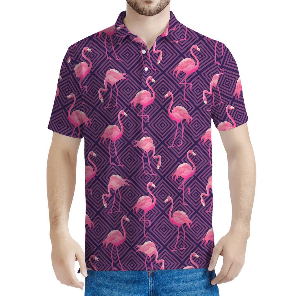 Purple Geometric Flamingo Pattern Print Men's Polo Shirt