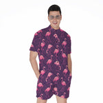 Purple Geometric Flamingo Pattern Print Men's Rompers