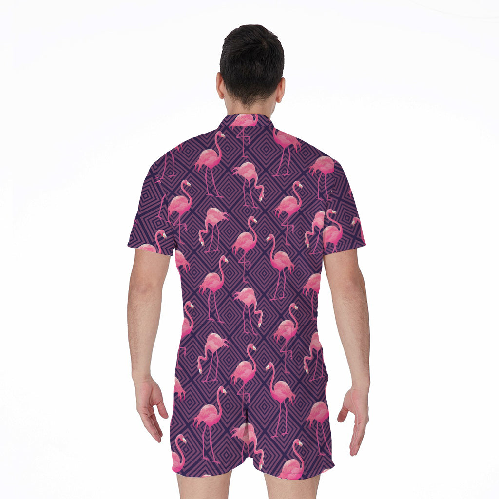 Purple Geometric Flamingo Pattern Print Men's Rompers