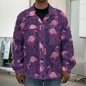 Purple Geometric Flamingo Pattern Print Men's Shirt Jacket