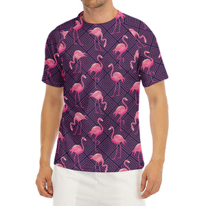 Purple Geometric Flamingo Pattern Print Men's Short Sleeve Rash Guard