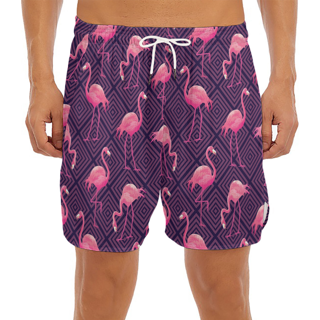 Purple Geometric Flamingo Pattern Print Men's Split Running Shorts