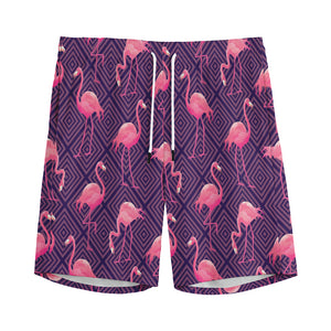 Purple Geometric Flamingo Pattern Print Men's Sports Shorts