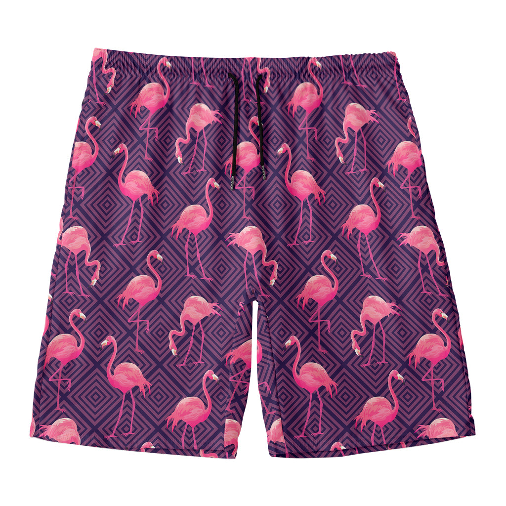 Purple Geometric Flamingo Pattern Print Men's Swim Trunks