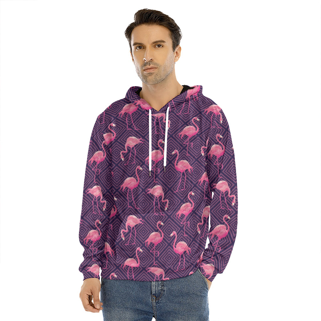 Purple Geometric Flamingo Pattern Print Men's Velvet Pullover Hoodie