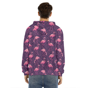 Purple Geometric Flamingo Pattern Print Men's Velvet Pullover Hoodie