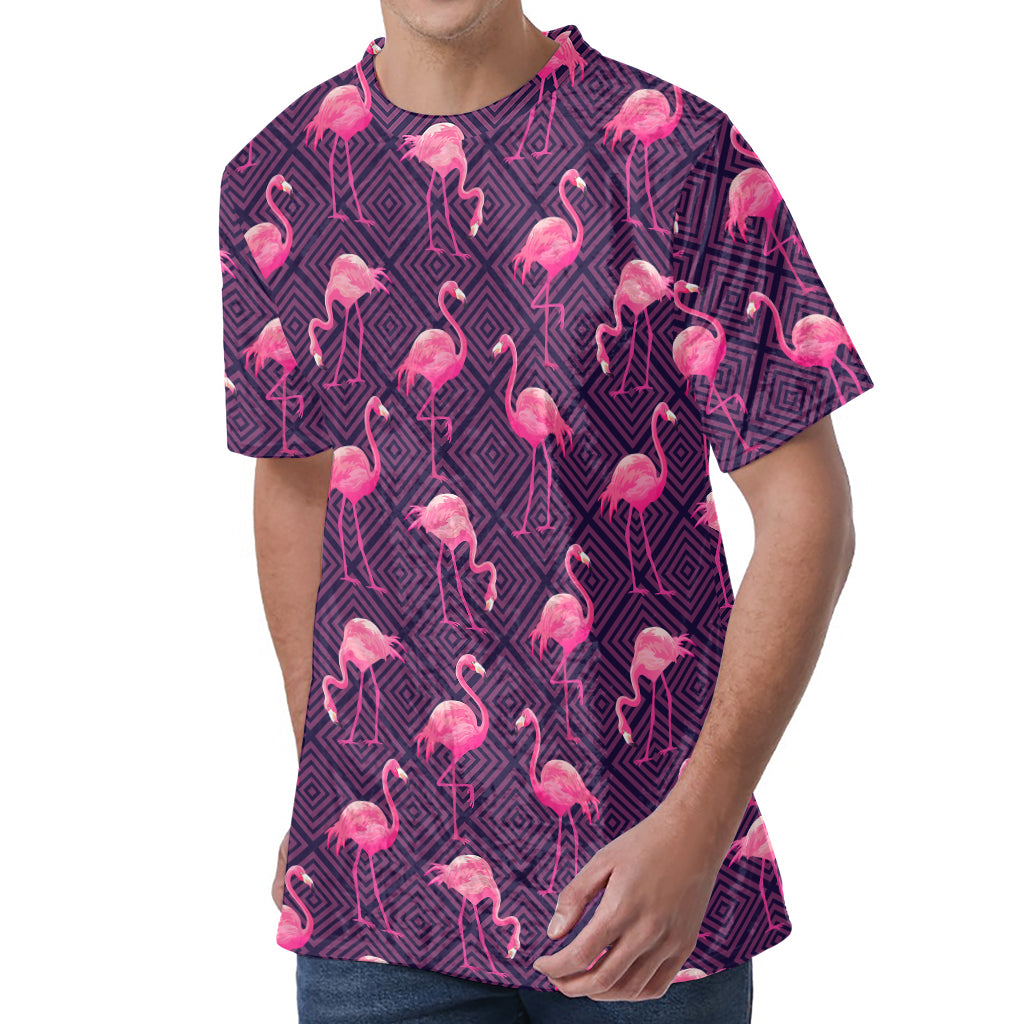 Purple Geometric Flamingo Pattern Print Men's Velvet T-Shirt