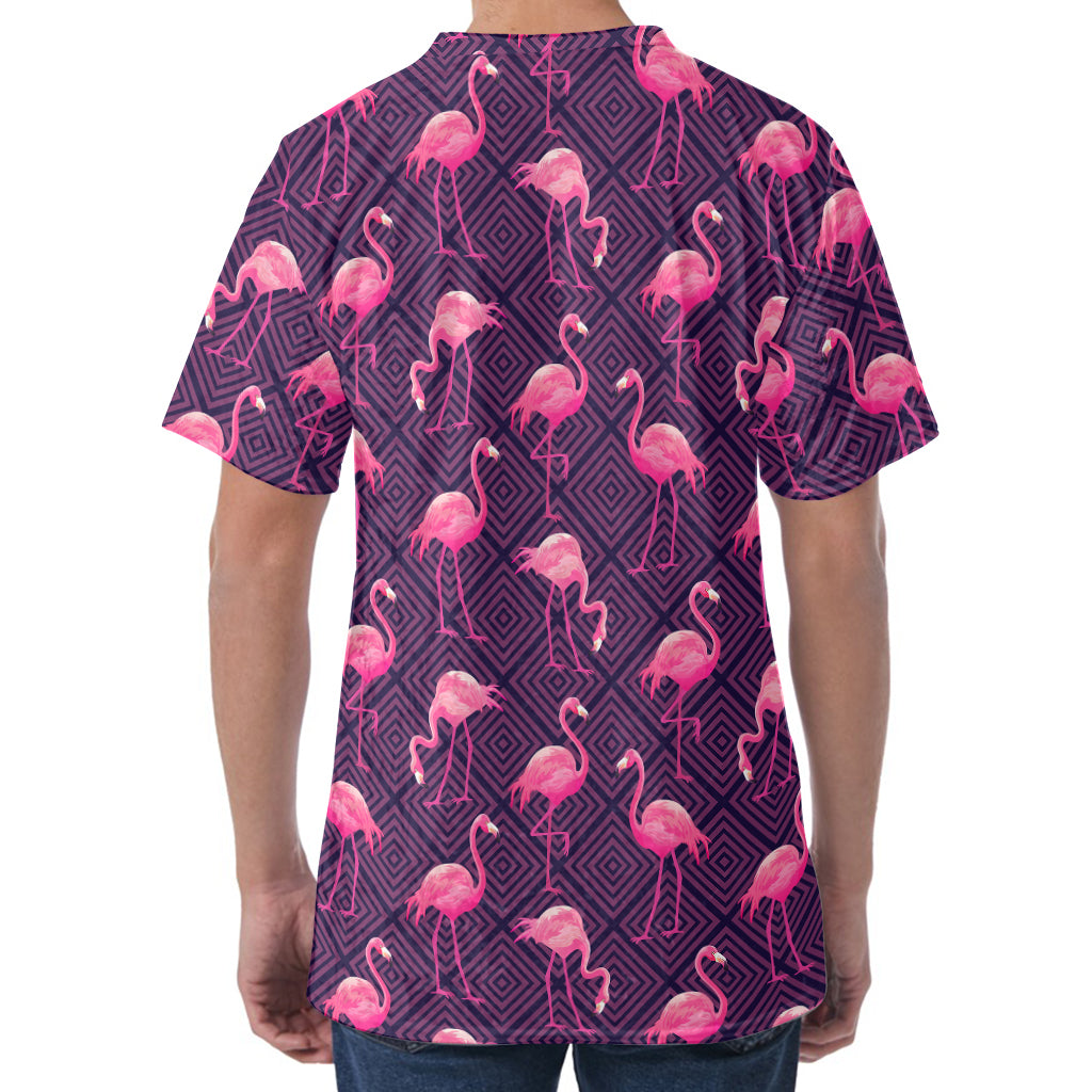 Purple Geometric Flamingo Pattern Print Men's Velvet T-Shirt