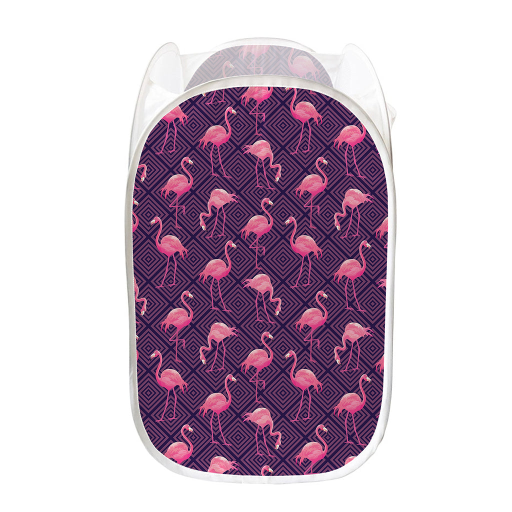 Purple Geometric Flamingo Pattern Print Mesh Laundry Hamper