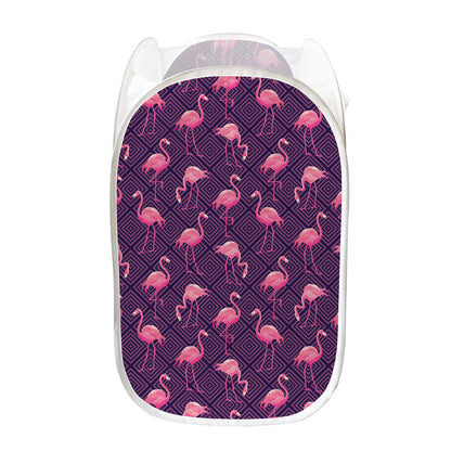 Purple Geometric Flamingo Pattern Print Mesh Laundry Hamper