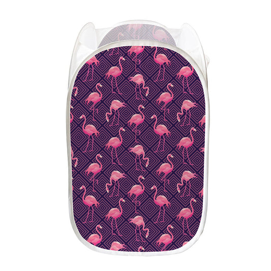 Purple Geometric Flamingo Pattern Print Mesh Laundry Hamper