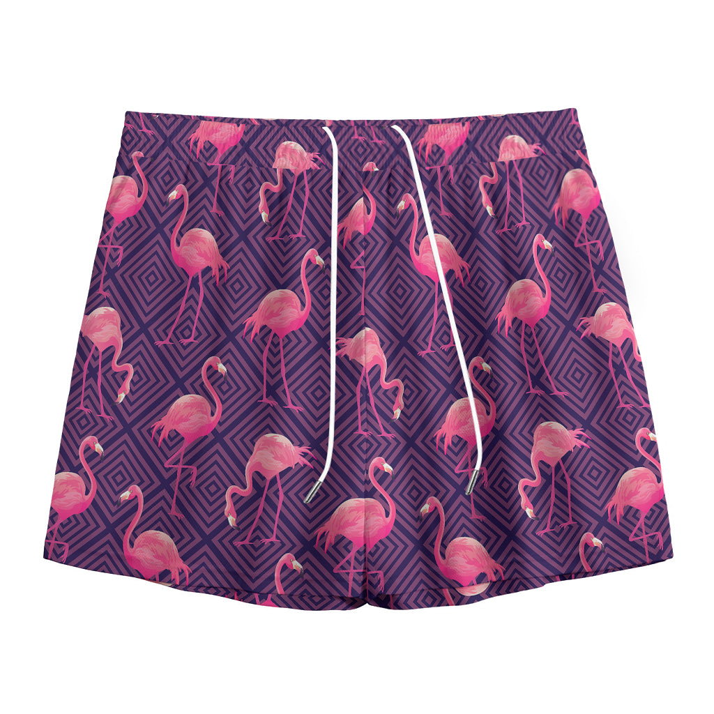 Purple Geometric Flamingo Pattern Print Mesh Shorts