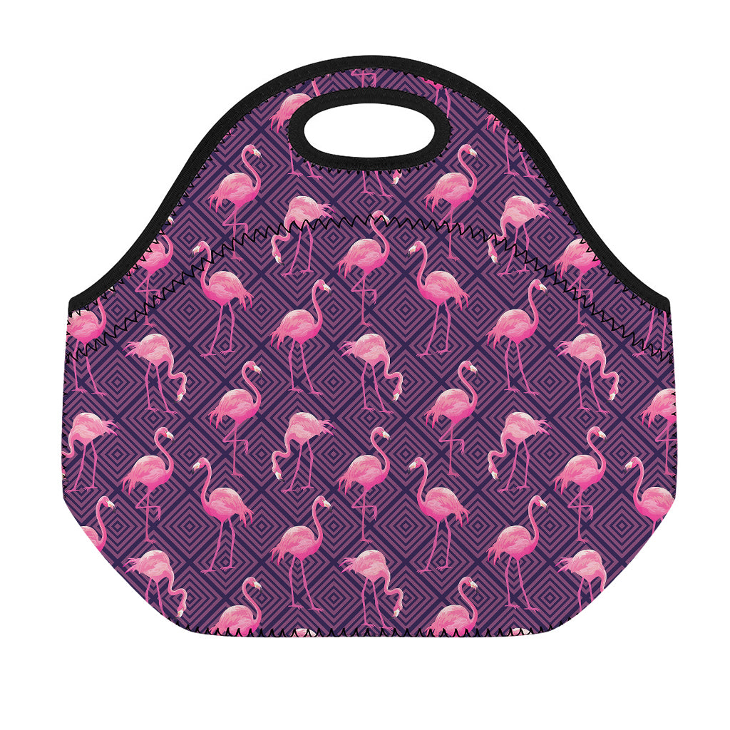 Purple Geometric Flamingo Pattern Print Neoprene Lunch Bag