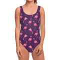 Purple Geometric Flamingo Pattern Print One Piece Swimsuit