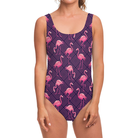 Purple Geometric Flamingo Pattern Print One Piece Swimsuit