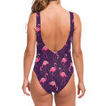 Purple Geometric Flamingo Pattern Print One Piece Swimsuit