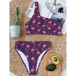 Purple Geometric Flamingo Pattern Print One Shoulder Bikini Top